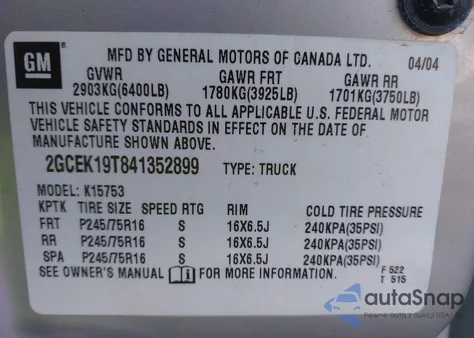 2004 Chevrolet Silverado 1500 from USA, damaged, VIN 2GCEK19T841352899